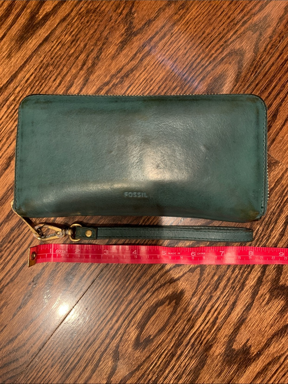Fossil Dark Teal Leather Zip Wristlet Wallet